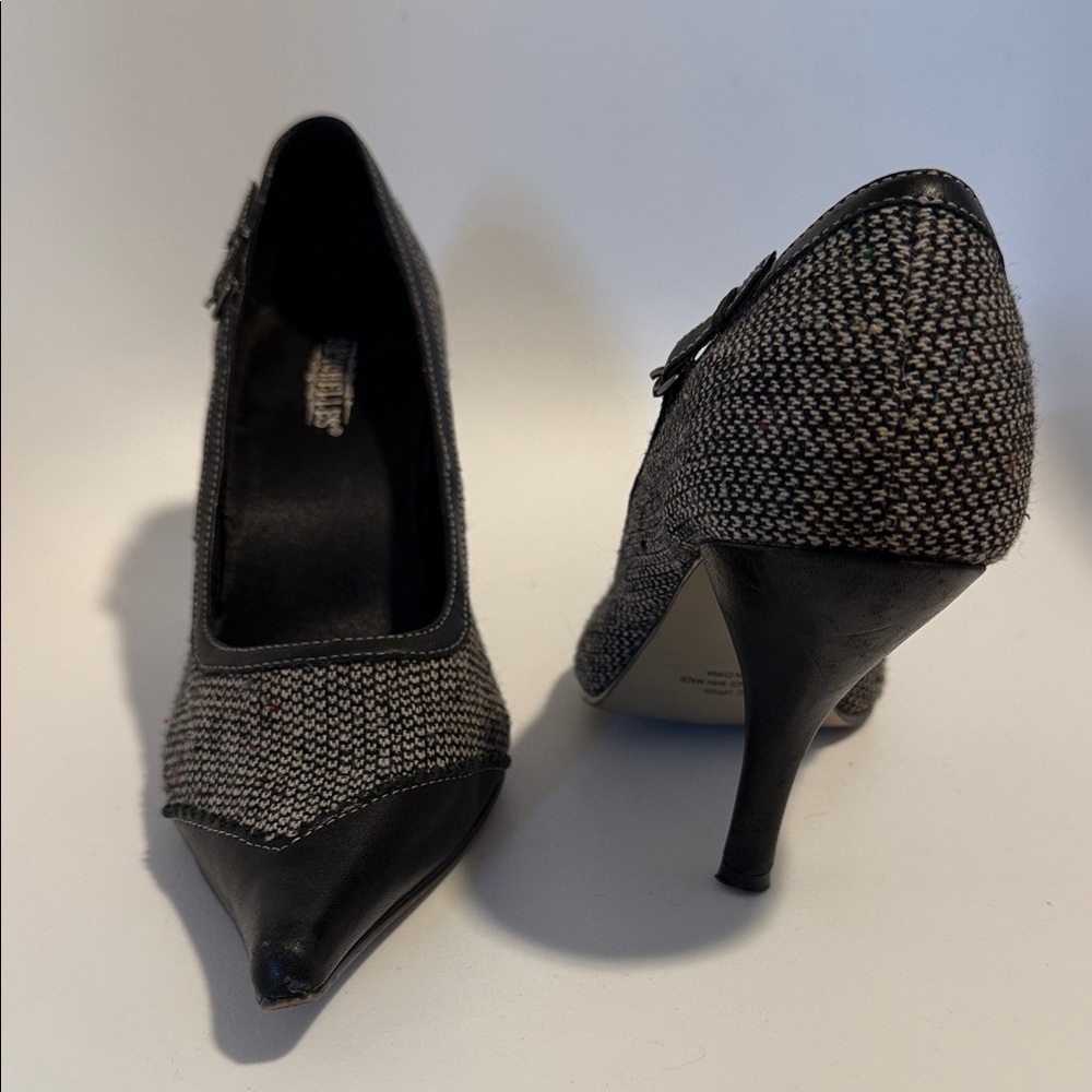Seychelles black white pointed-toe pumps with a tweed upper leather accents 7.5